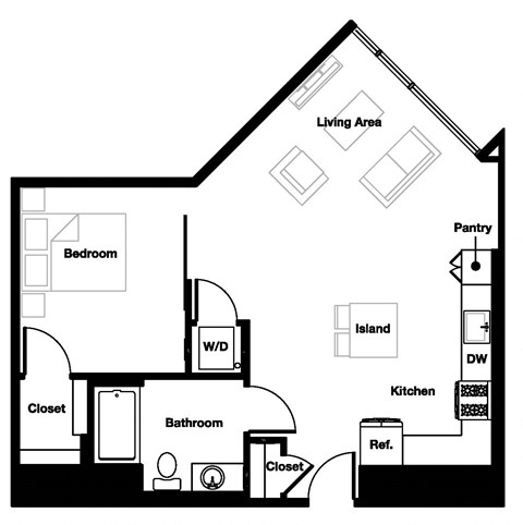 Floor plan for 1 bed, 1 bath, 757 sqft